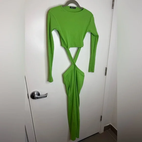 NASTY GAL Long Sleeve Dress Womens 4 S Green Ribbed Knit Maxi Bodycon Cutout Y2K - Picture 5 of 8